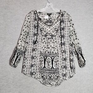 Lucky Brand Women Top Small Gray Boho Blouse Long Sleeve V Neck